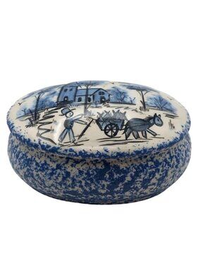 Solveig Blue Spongeware Splatterware Oval Trinket Box Lid Polish Pottery Vintage